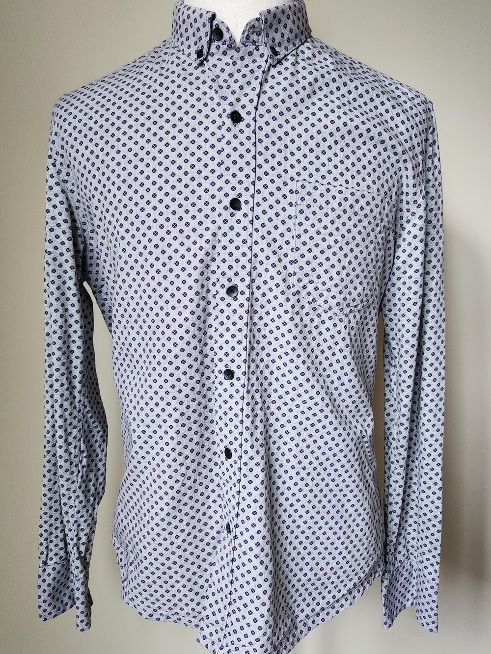 WRK Slim Fit Geometric Print Button Down Shirt Mens Size Large Grey Long Sleeve - Picture 1 of 14